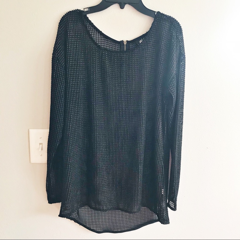 Rock & Repulic mesh long sleeve top black gold XS